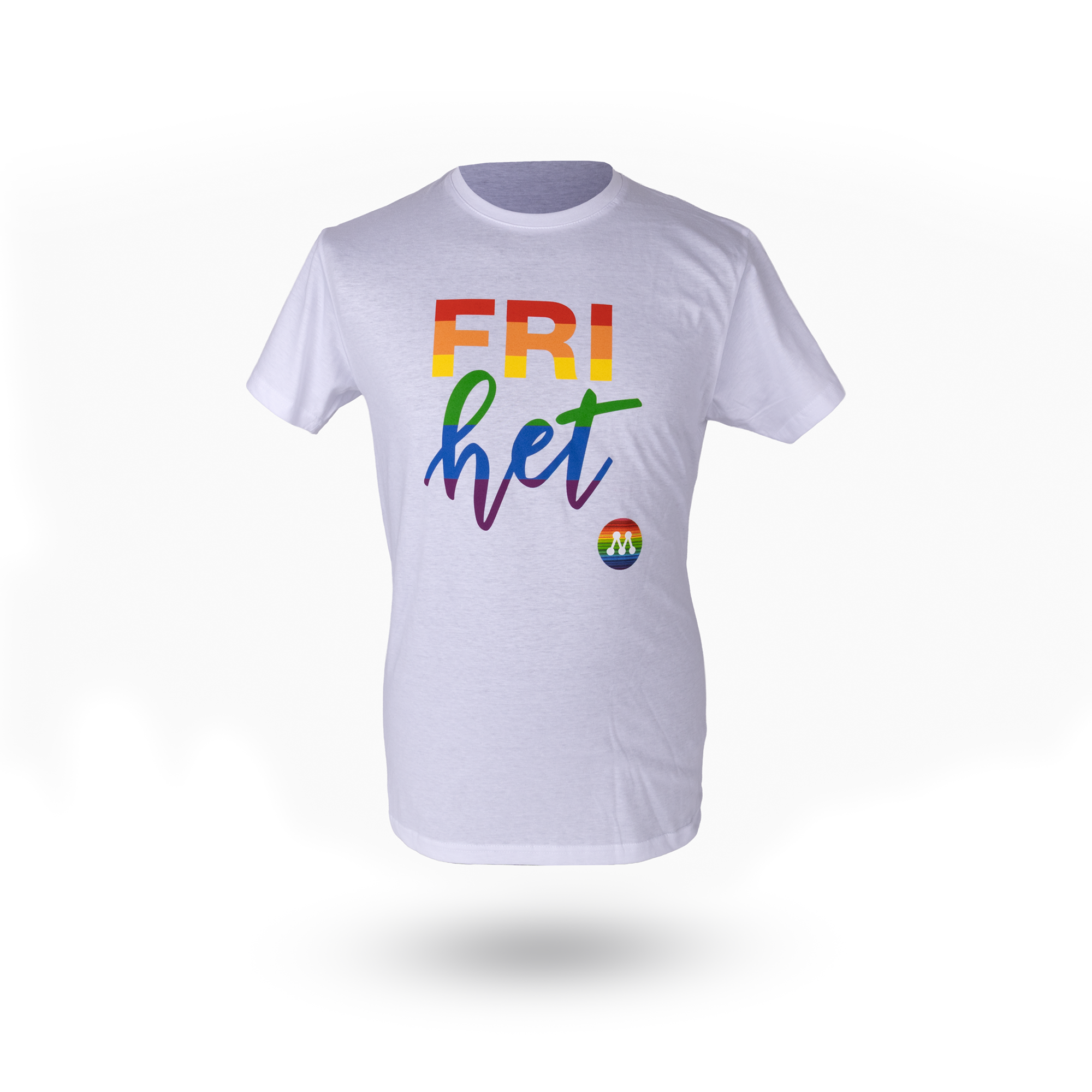 Vit t-shirt med text i regnbågsfärger Frihet