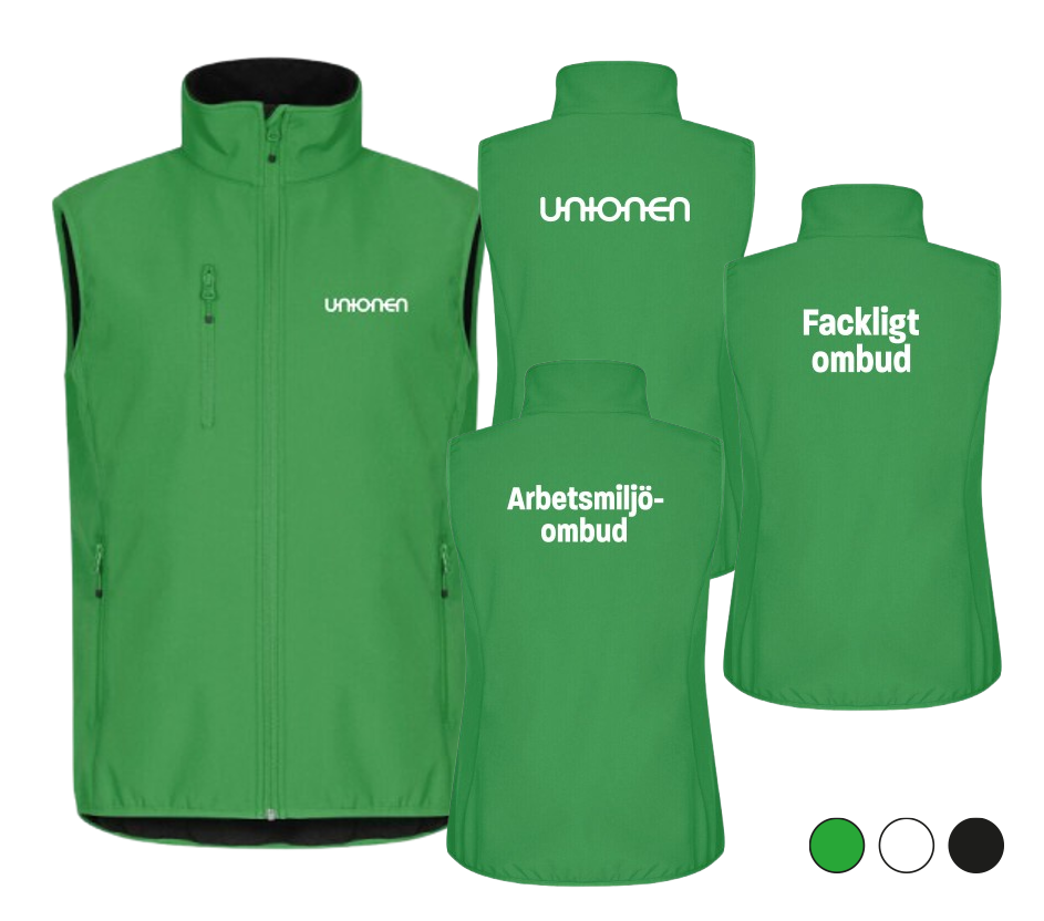 Väst med Unionen-logga fram vänster bröst. Följande tryck finns valbara till rygg: Unionen-logga, Arbetsmiljöombud, Fackligt ombud. 3-lagers softshellväst tillverkad i återvunnen polyester. Ton-i-ton omvänd dragkedja mitt fram samt tre utvändiga fickor och två innerfickor. Elastiskt avslut i nederkant samt ärmar. WP 3000 / MVP 1000.